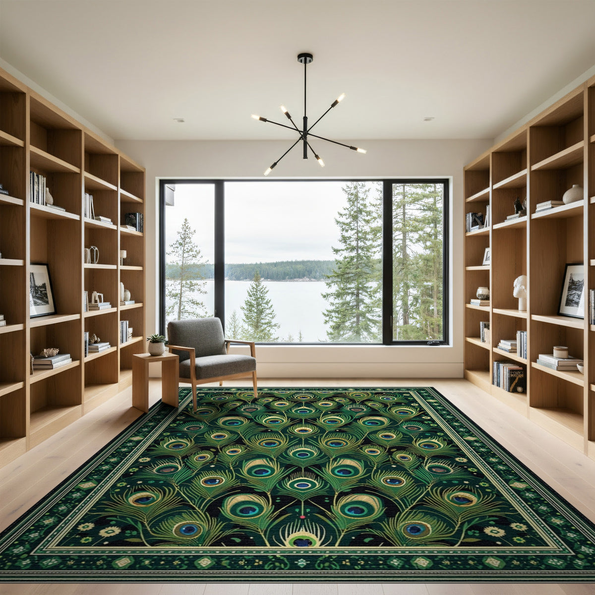 Green Emerald Peacock Feather Area Rug