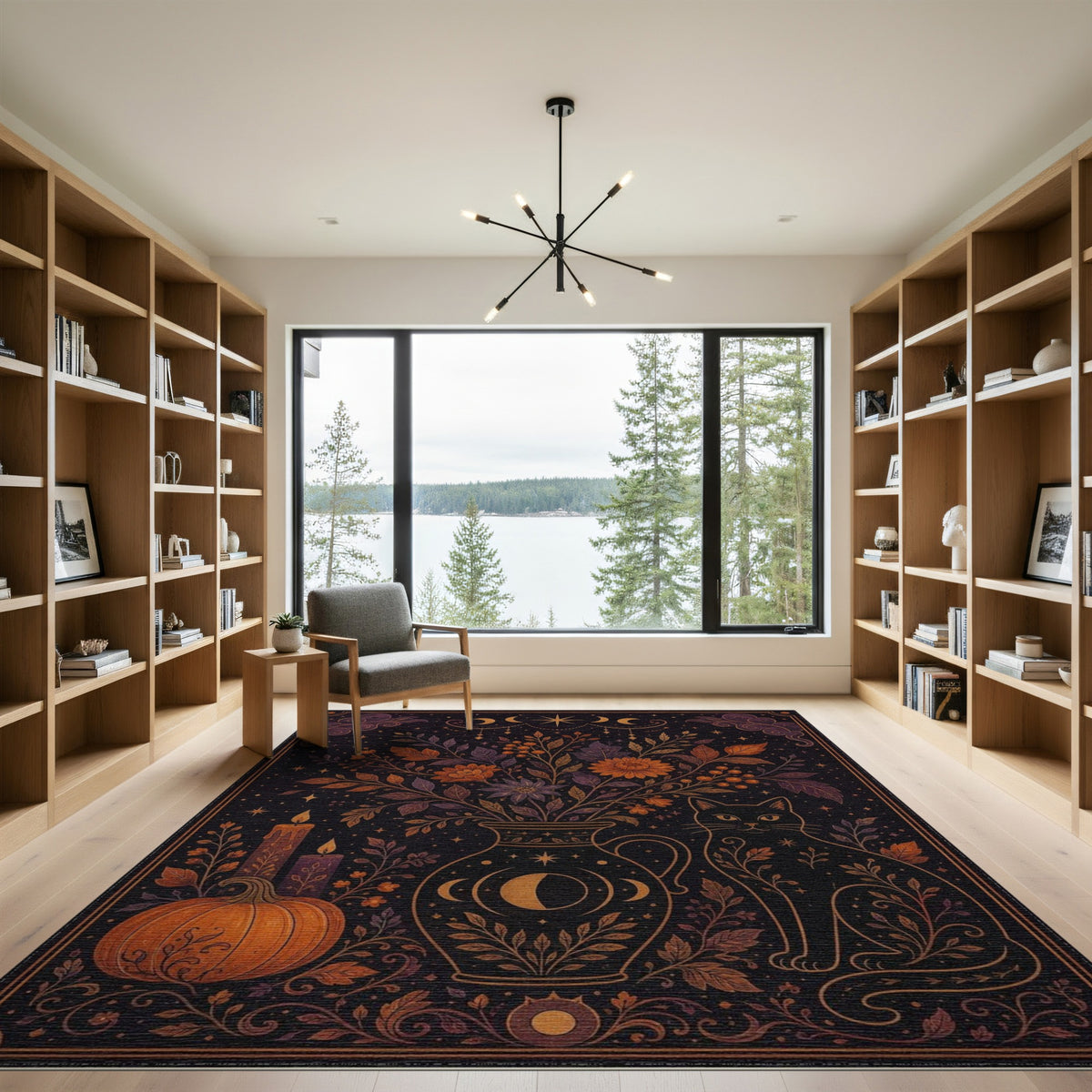 Mystical Celestial Cat Floral Area Rug