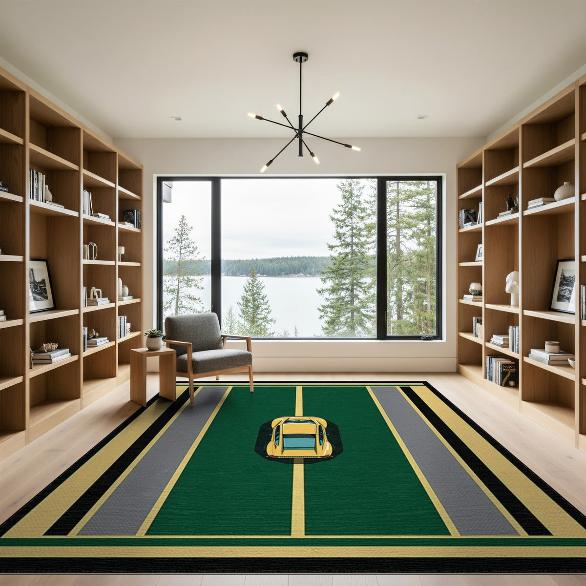 Yellow Car Green Geometric Area Rug