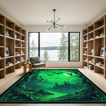 Gothic Green Castle Moonlit Forest Area Rug