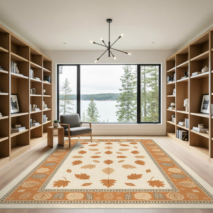 Beige Brown Leaf Border Area Rug