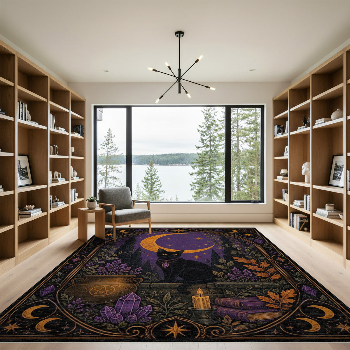 Mystical Black Cat Purple Moon Area Rug