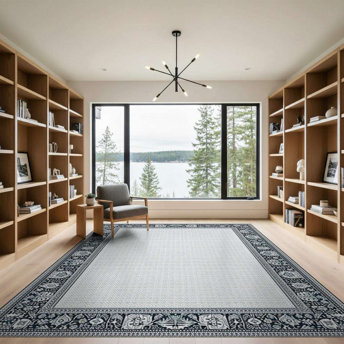 Black White Floral Border Area Rug