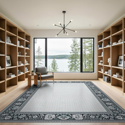 Black White Floral Border Area Rug