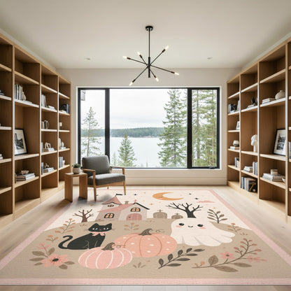 Beige and Neutral Whimsical Halloween Ghost Cat Area Rug