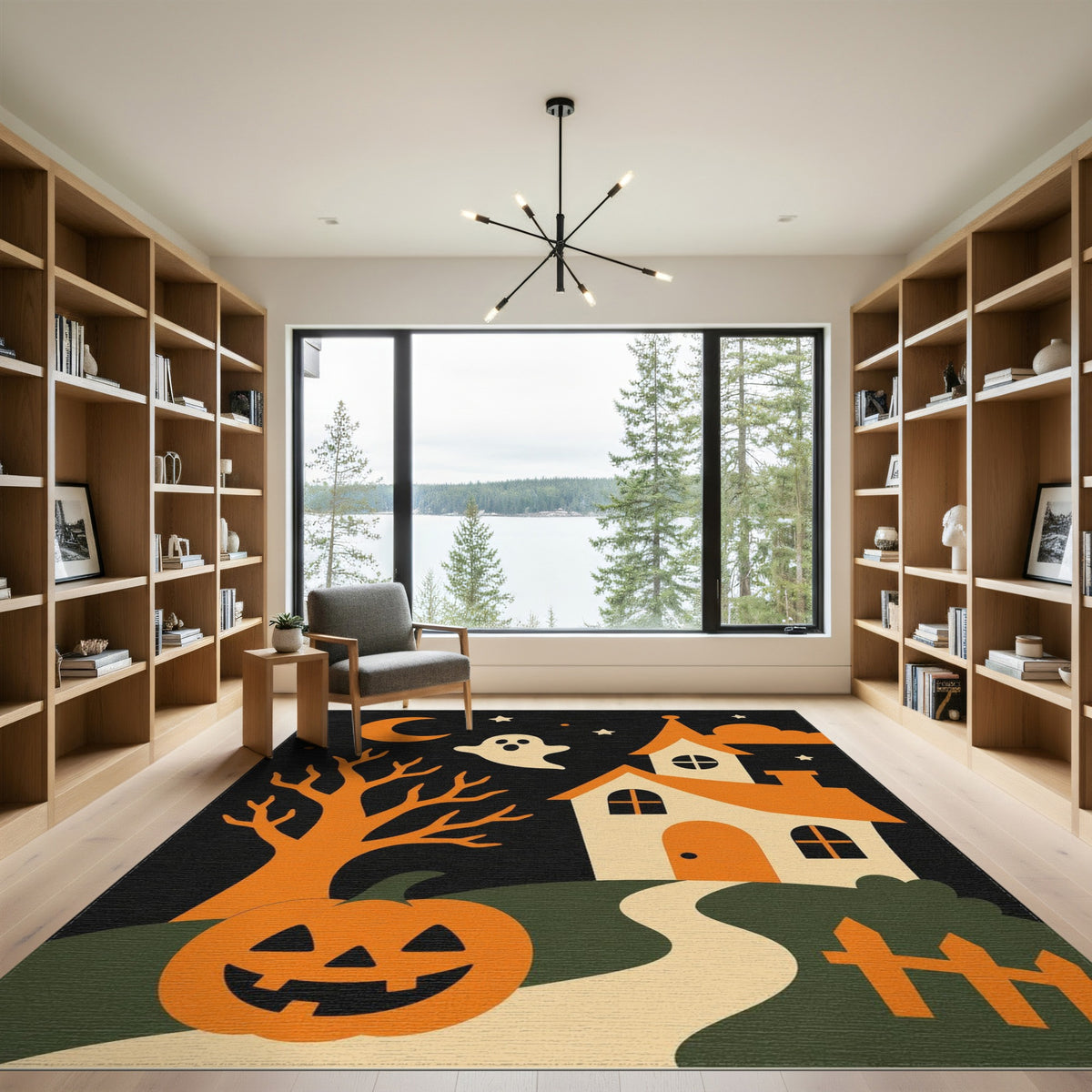 Halloween Haunted House Orange Kids Rug