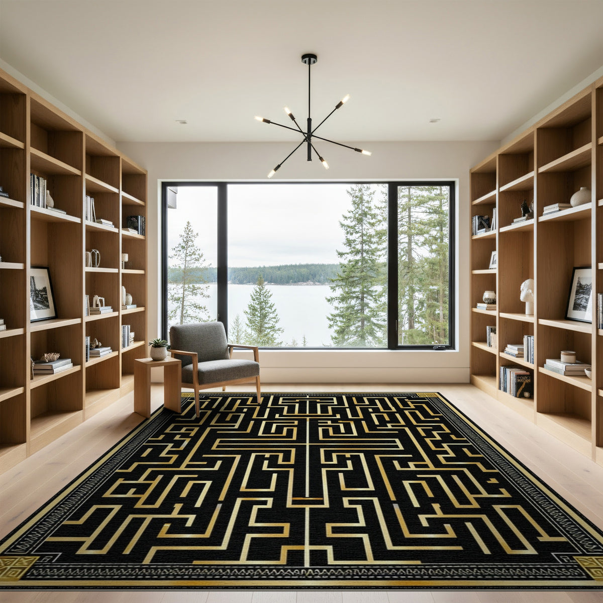 Gold and Silver Black Gold Geometric Maze Area Rug