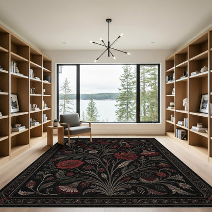 Red Floral Vintage Black Area Rug