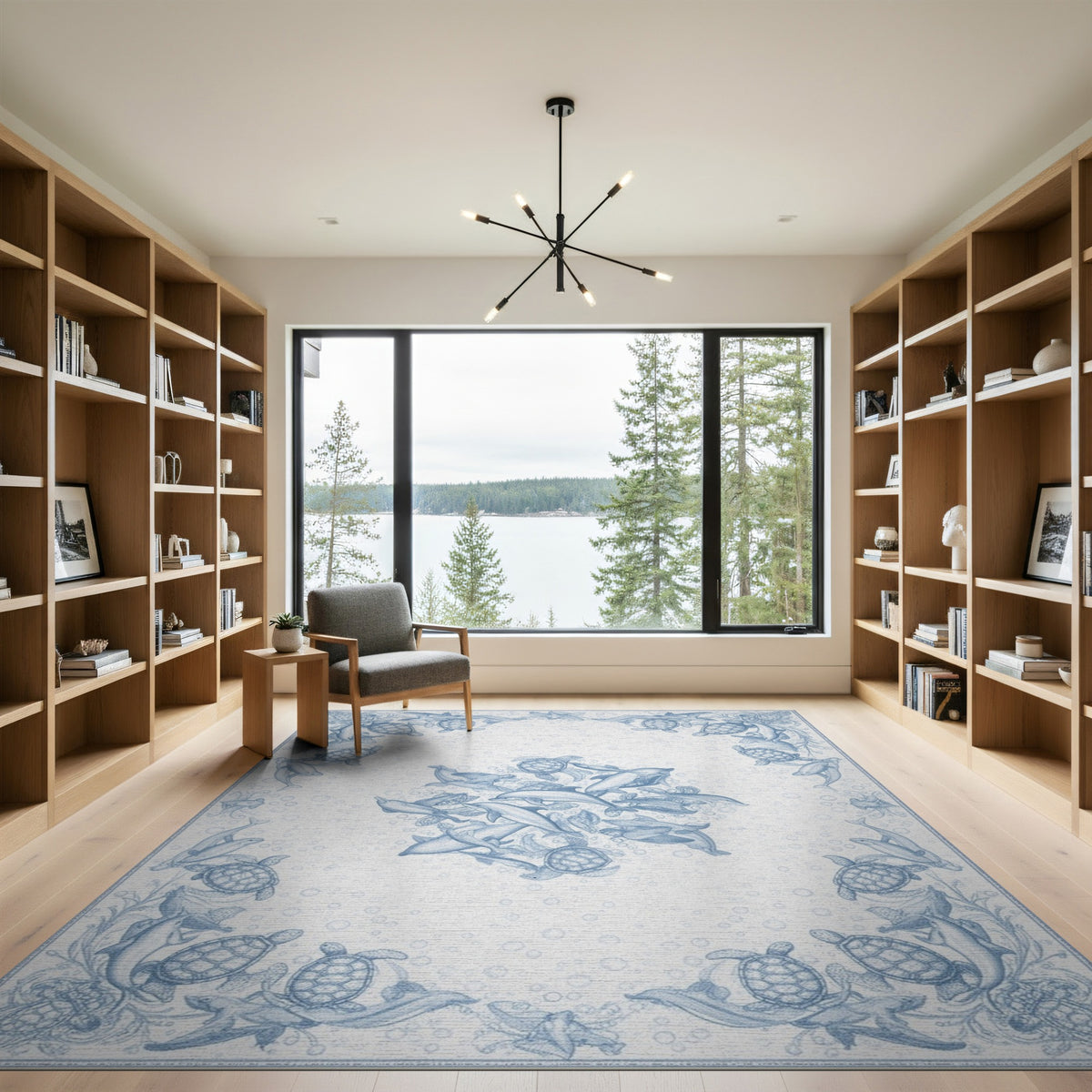 Blue Ocean Marine Life Washable Area Rug