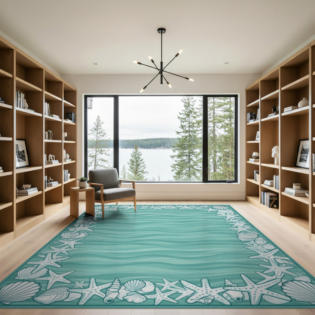 Blue and Teal Seashell Starfish Coastal Area Rug