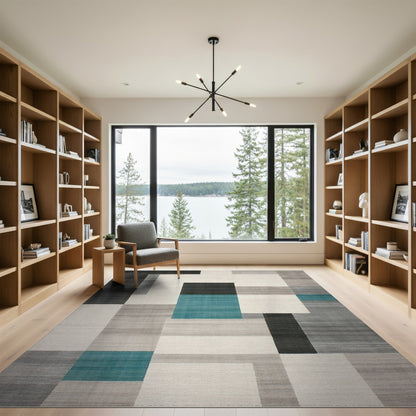 Modern Teal Geometric Area Rug Black Grey