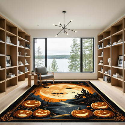 Orange Spooky Halloween Castle Area Rug