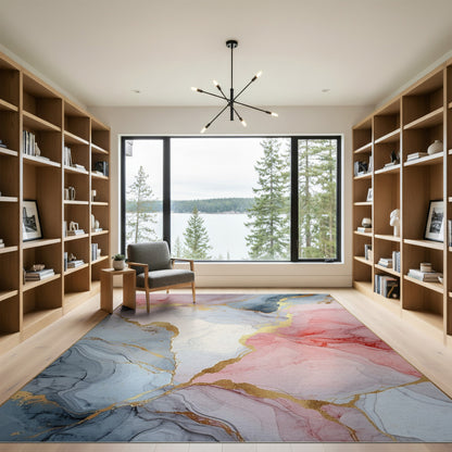 Pink Blue Marble Gold Abstract Area Rug