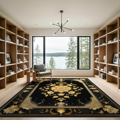 Black and Gold Floral Medallion Rug