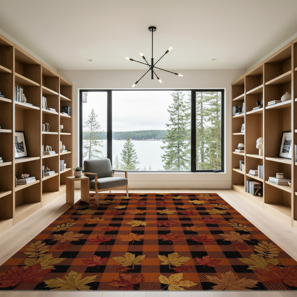 Fall Leaves Buffalo Check Area Rug