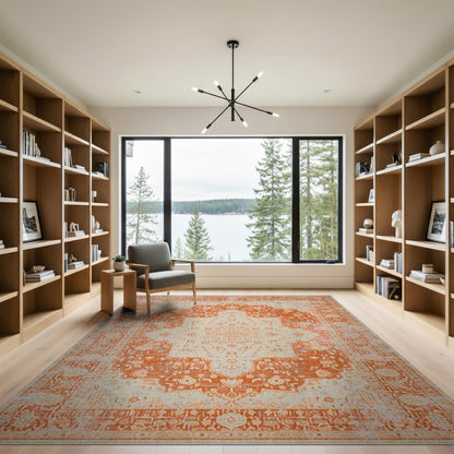 Distressed Orange Vintage Medallion Area Rug
