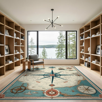 Vintage Nautical Compass Blue and Teal Area Rug