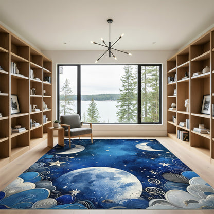 Celestial Moonlit Sky Blue Area Rug