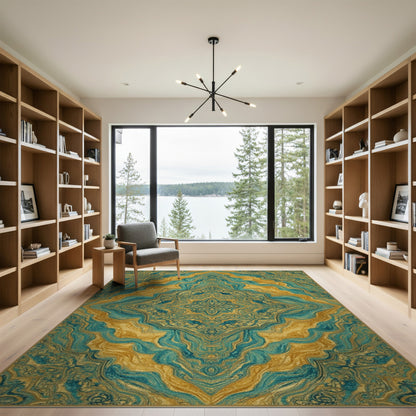 Gold Teal Gold Persian Medallion Area Rug