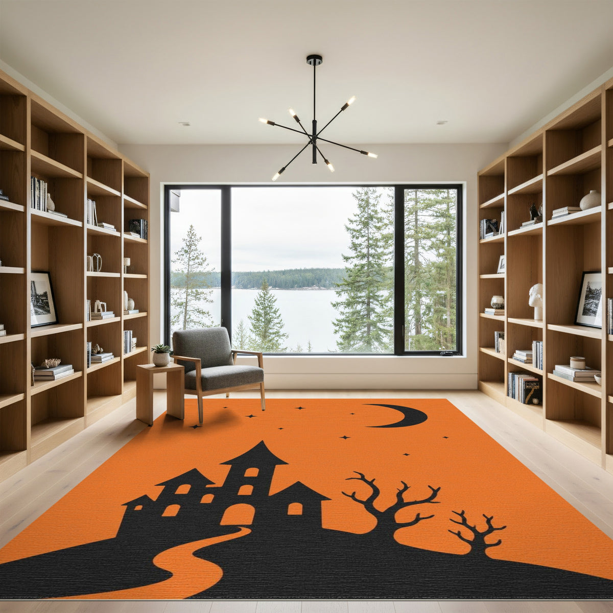 Spooky Orange Castle Area Rug