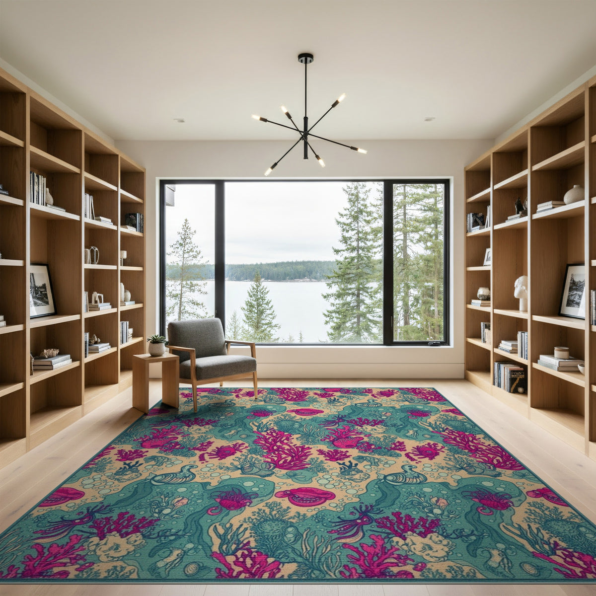 Pink Coral Teal Ocean Life Washable Area Rug