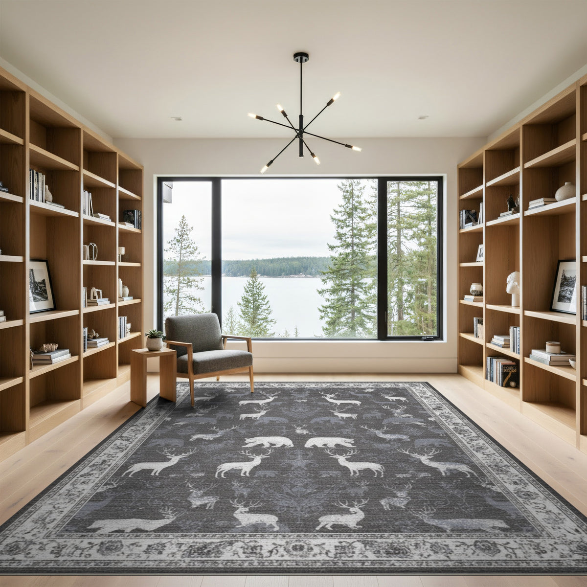 Grey Deer Bear Wildlife Area Rug