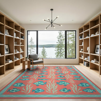Blue Fish Coral Washable Area Rug