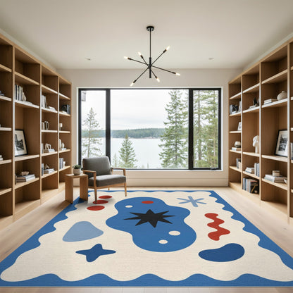 Abstract Blue Star Area Rug with Wavy Border
