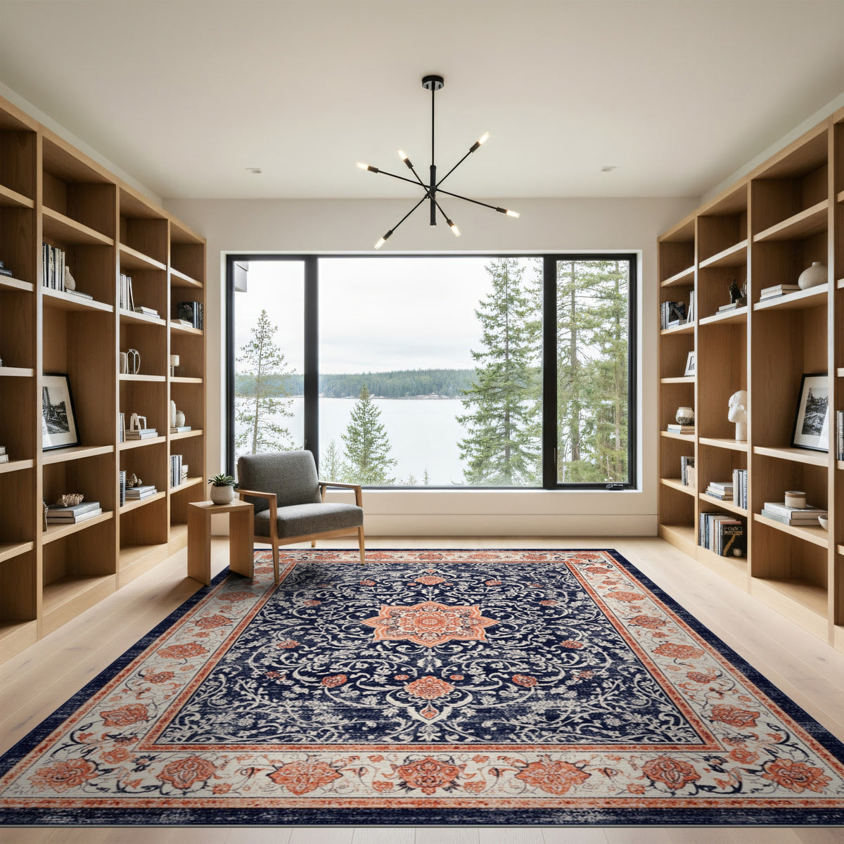 Navy Floral Medallion Vintage Area Rug