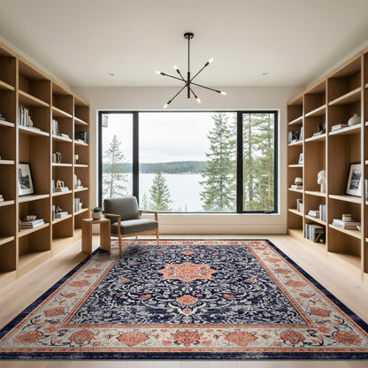 Navy Floral Medallion Vintage Area Rug