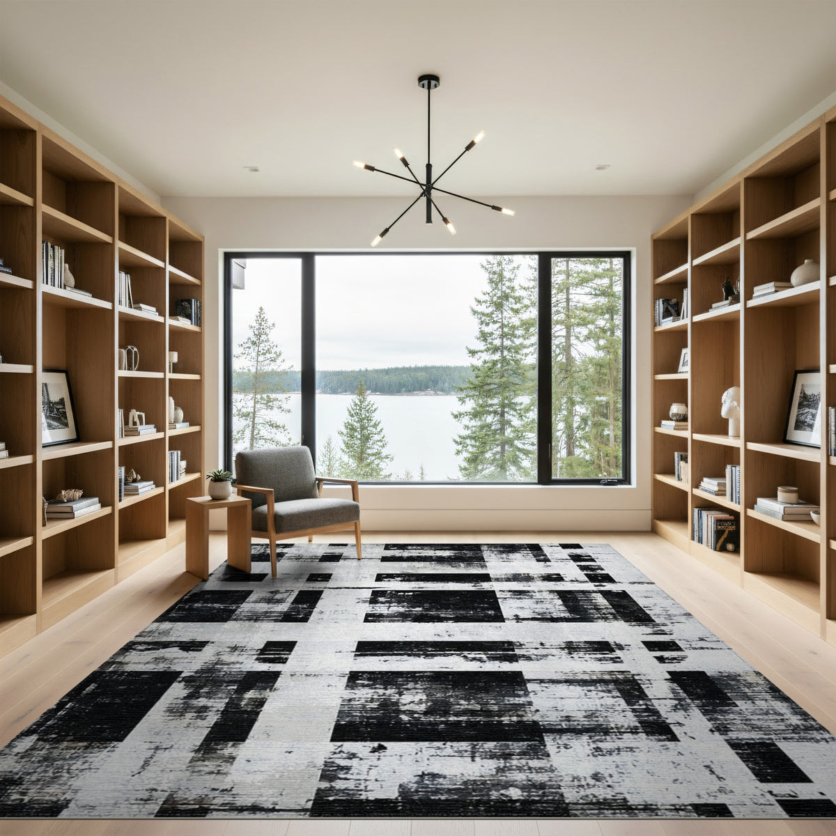 Black White Distressed Abstract Area Rug