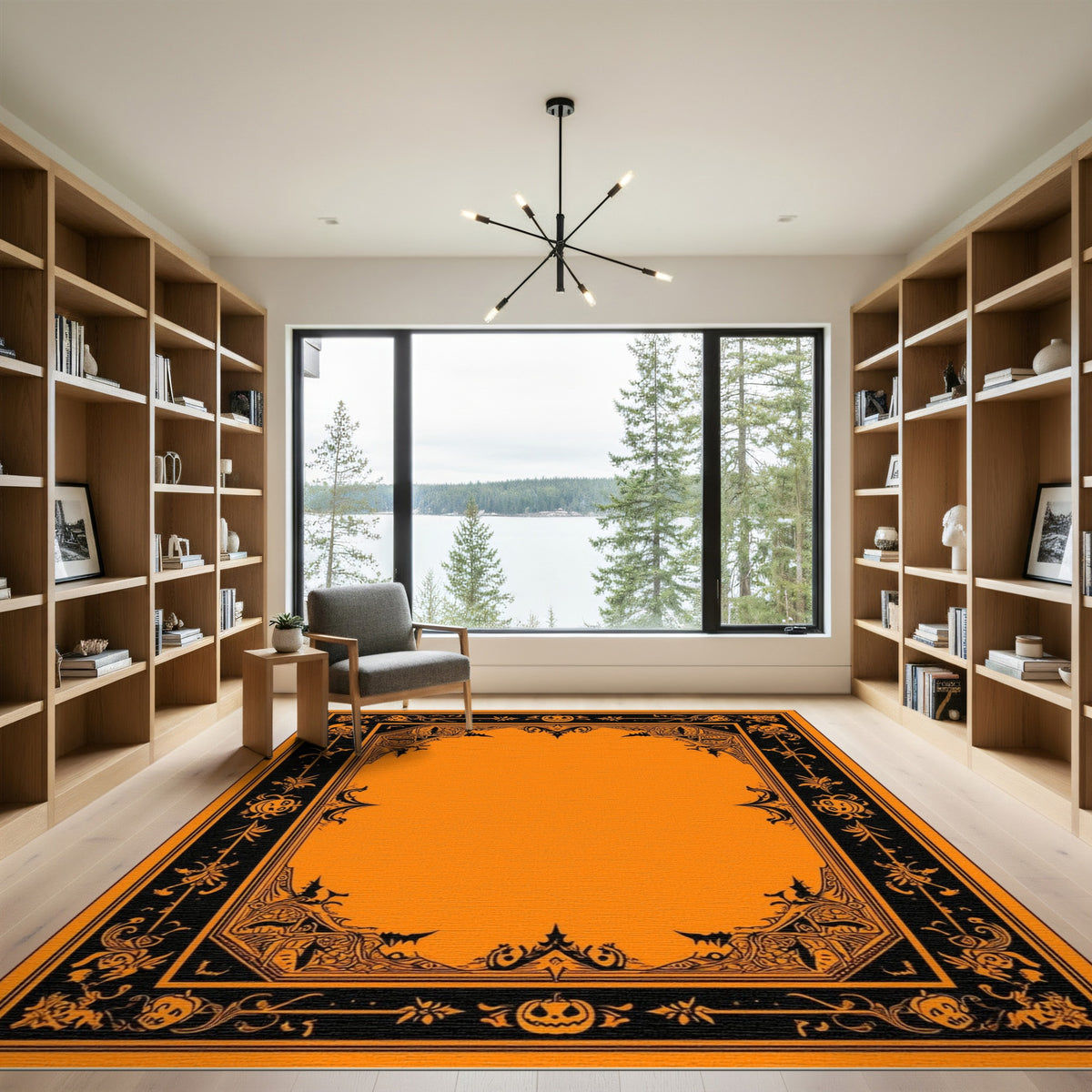 Orange Halloween Cartoon Area Rug with Pumpkins