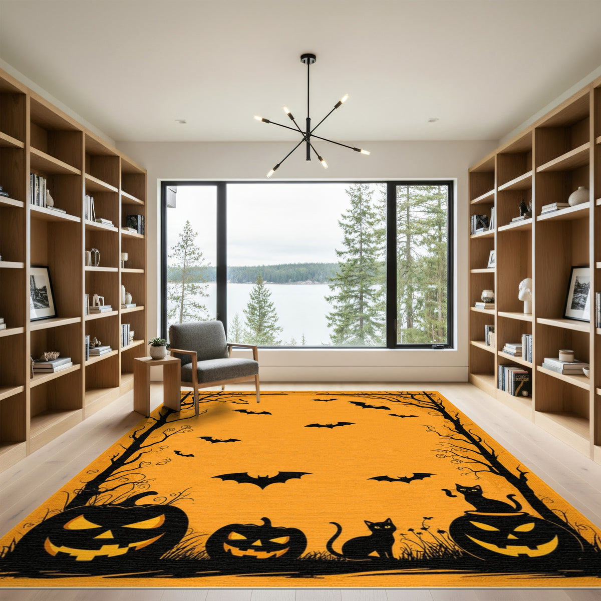 Spooky Orange Halloween Pumpkins Bats Area Rug