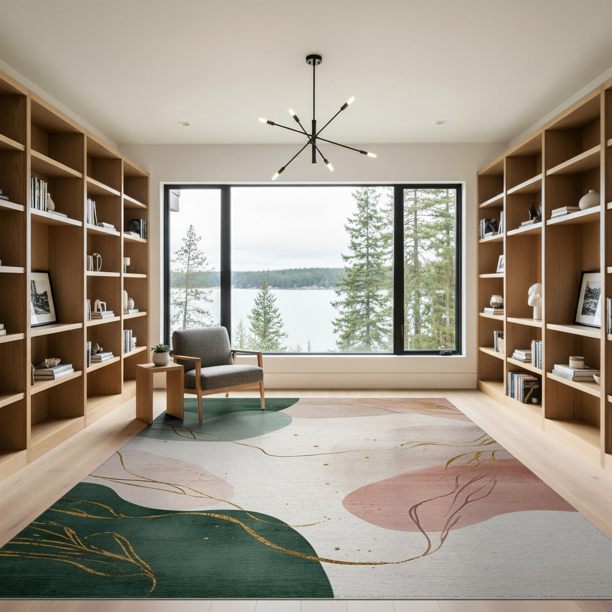 Abstract Green Gold Line Washable Rug