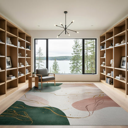 Abstract Green Gold Line Washable Rug