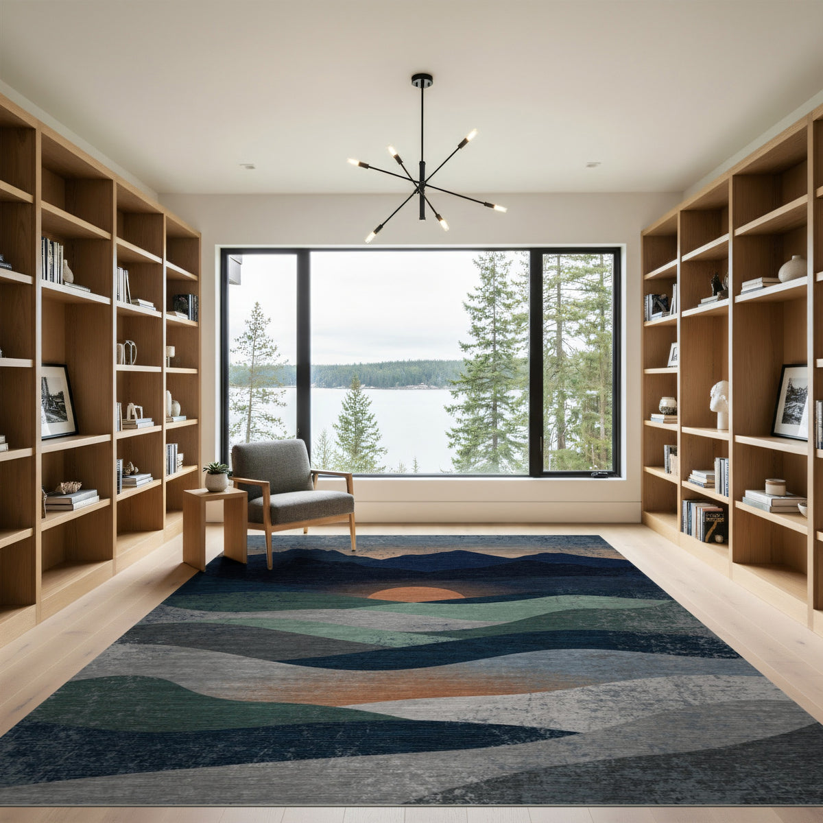 Distressed Blue Teal Mountain Sunset Area Rug