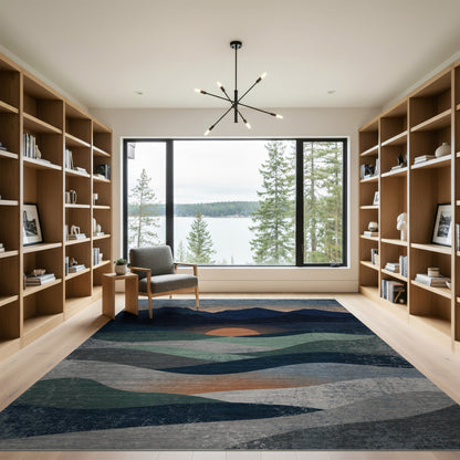 Distressed Blue Teal Mountain Sunset Area Rug