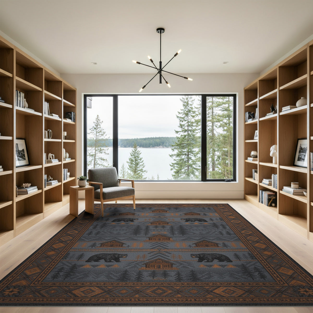 Grey Bear and Cabin Rustic Area Rug