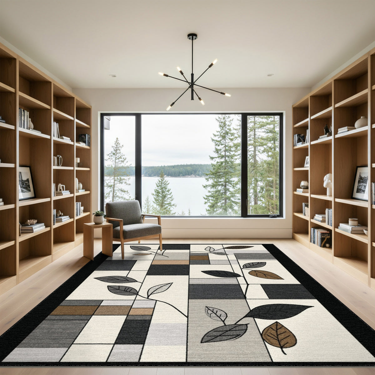Grey Geometric Leaf Area Rug