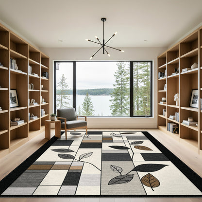 Grey Geometric Leaf Area Rug
