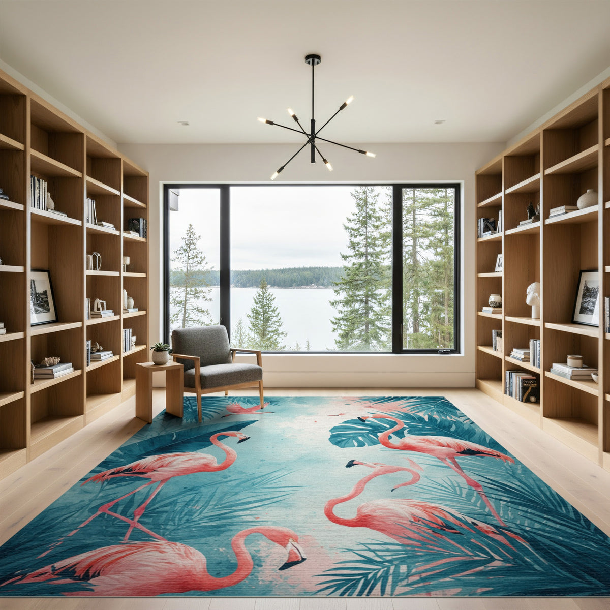 Pink Flamingo Teal Coastal Washable Area Rug