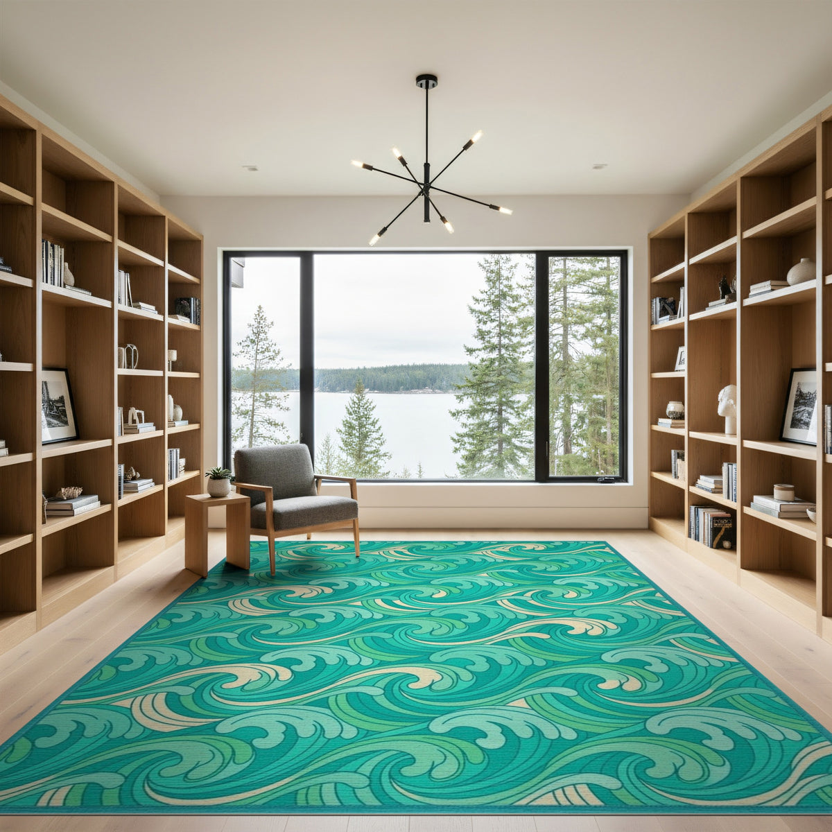 Teal Wave Swirl Washable Area Rug