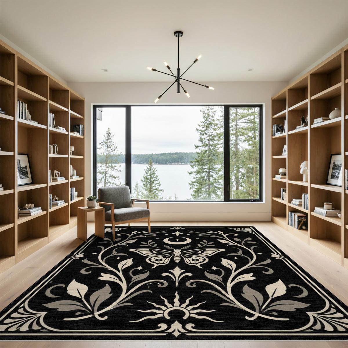Moth Moon Floral Black White Area Rug