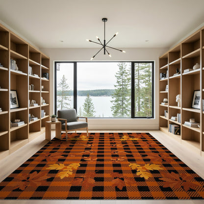 Orange Black Plaid Autumn Leaves Area Rug