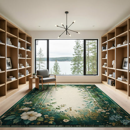 Green Floral Vintage Washable Floral Vintage Area Rug