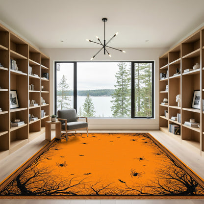 Orange Halloween Spider Bat Washable Area Rug