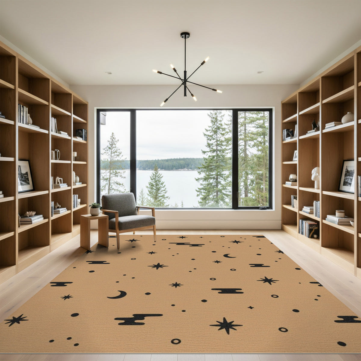 Boho Tan Celestial Area Rug with Stars and Moons