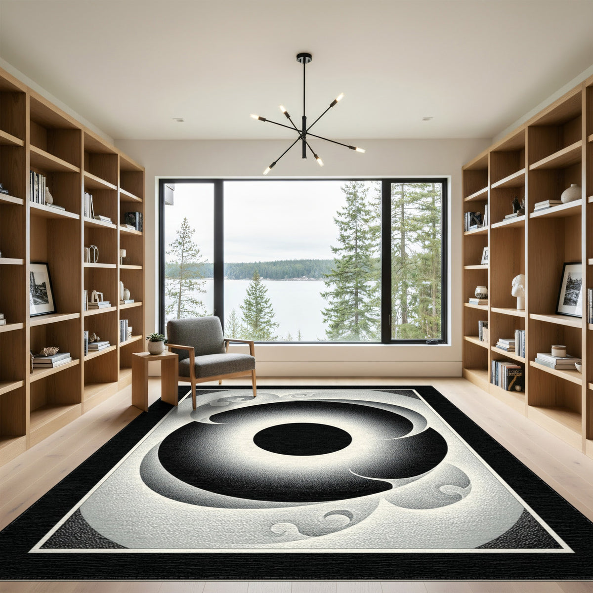 Black White Geometric Vortex Area Rug