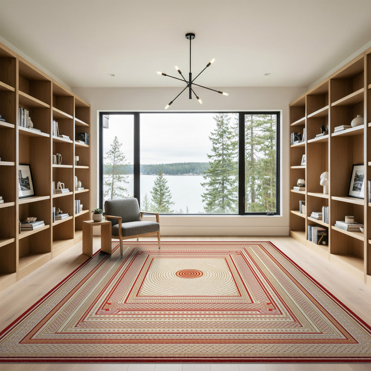 Red Geometric Concentric Circle Area Rug