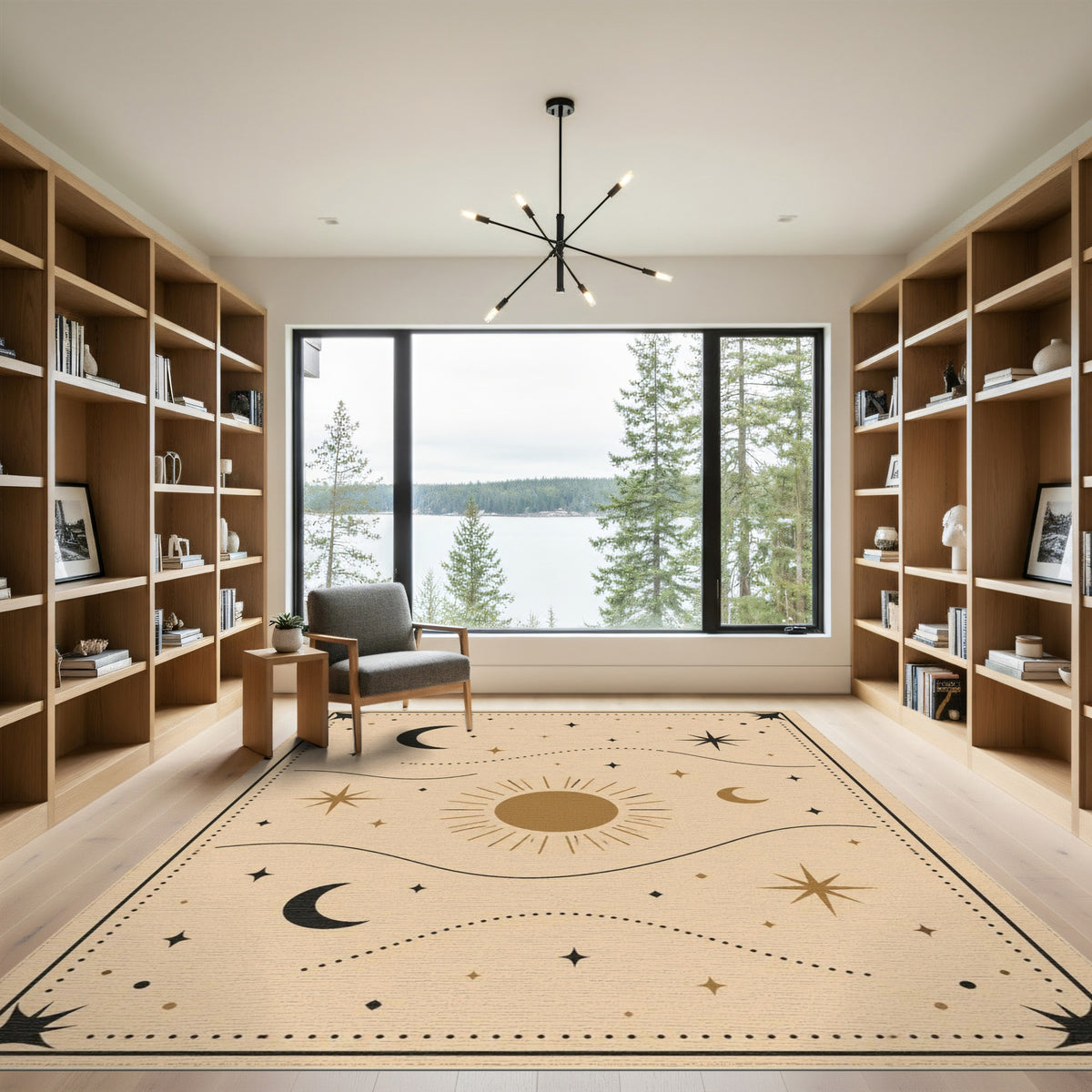 Boho Celestial Beige Area Rug with Sun and Moons